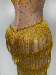 Rhinestone Tassel Mesh Strap Maxi Dress