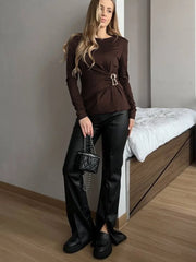 Ruched Metal Ring Detail Long Sleeve Top