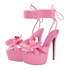 Wrap ankle strap platform stiletto sandals with pink floral accent