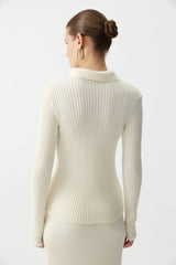 Ribbed Polo Knit Top and Midi Skirt Set