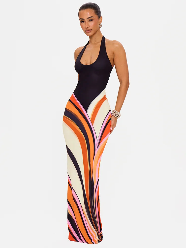 Swirl print halter neck maxi dress detail
