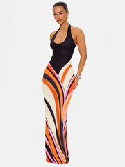 Swirl print halter neck maxi dress detail