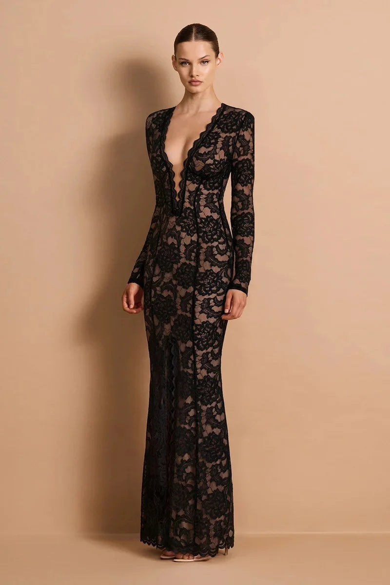 Black lace plunge neck maxi dress with long sleeves