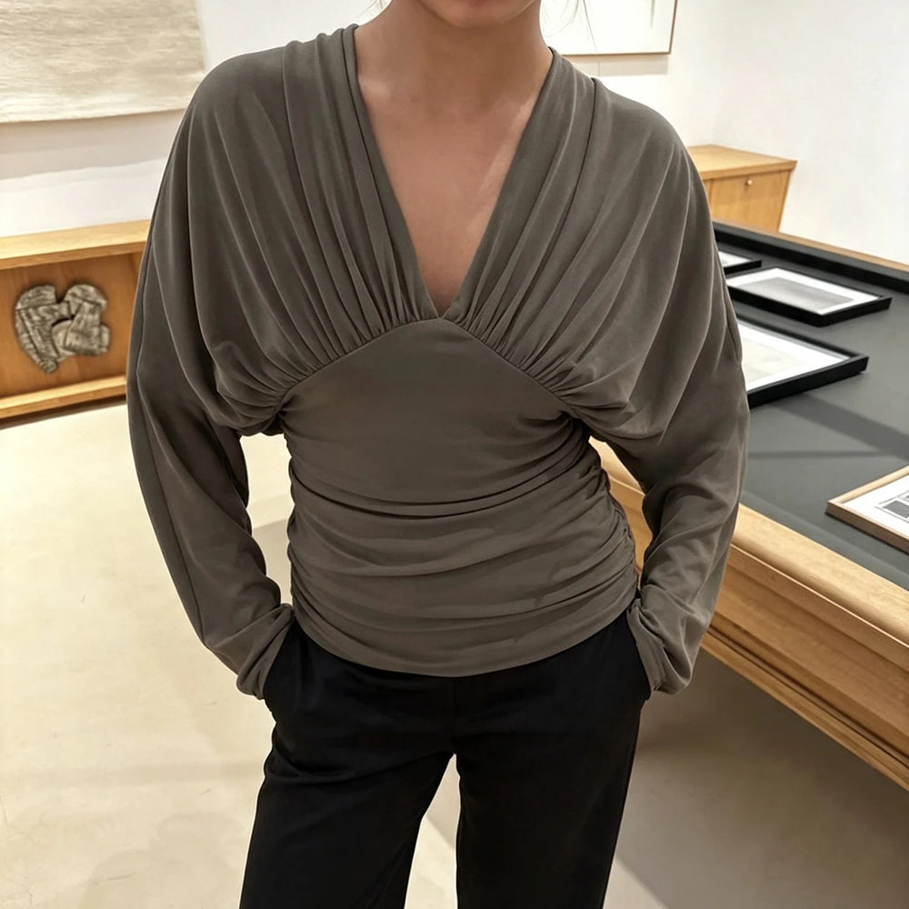 Draped V-neck long sleeve top in grey