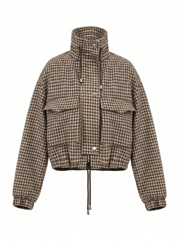 Houndstooth print cropped bomber jacket with stand-up collar and drawstring hem, studio front view.