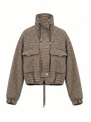 Houndstooth print cropped bomber jacket with stand-up collar and drawstring hem, studio front view.