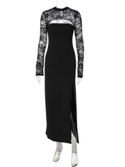 Mock Neck Lace Sheer Long Sleeve Maxi Dress