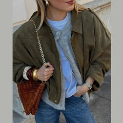 Faux Suede Cropped Bomber Jacket