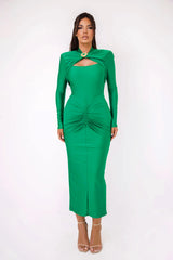 Long Sleeved Pleated Hollowed Out Maxi Dress