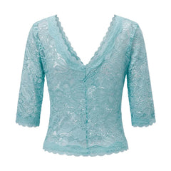 Blue Sheer Lace V Neck 3/4 Sleeve Crop Top