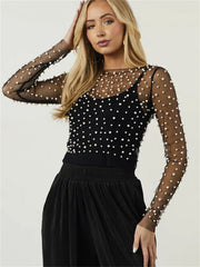 Long Sleeve Mesh Sheer Lace Crop top Pearls Cover up Top