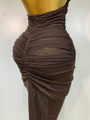 Halter Neck Ruched Knit Ankle-Length Dress