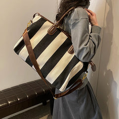 Striped Bowling Large Capacity Canvas Shoulder Bag