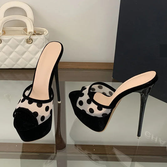 Polka dot mesh stiletto platform slippers