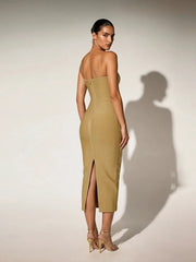 Gold Fringe One-Shoulder Midi Dress