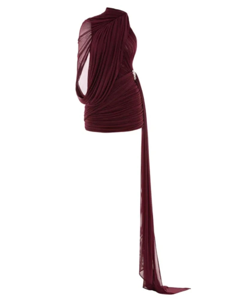 Maroon dress with draped design on a white background