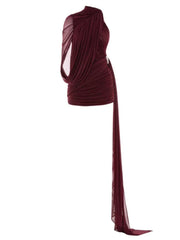Maroon dress with draped design on a white background