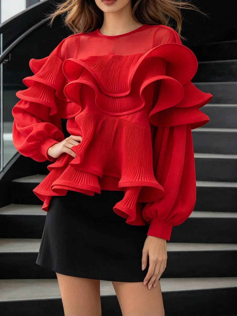 Ruffled lantern sleeve sheer red blouse side view