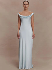 Off-Shoulder Cowl Neck Maxi Dress with Draped Front