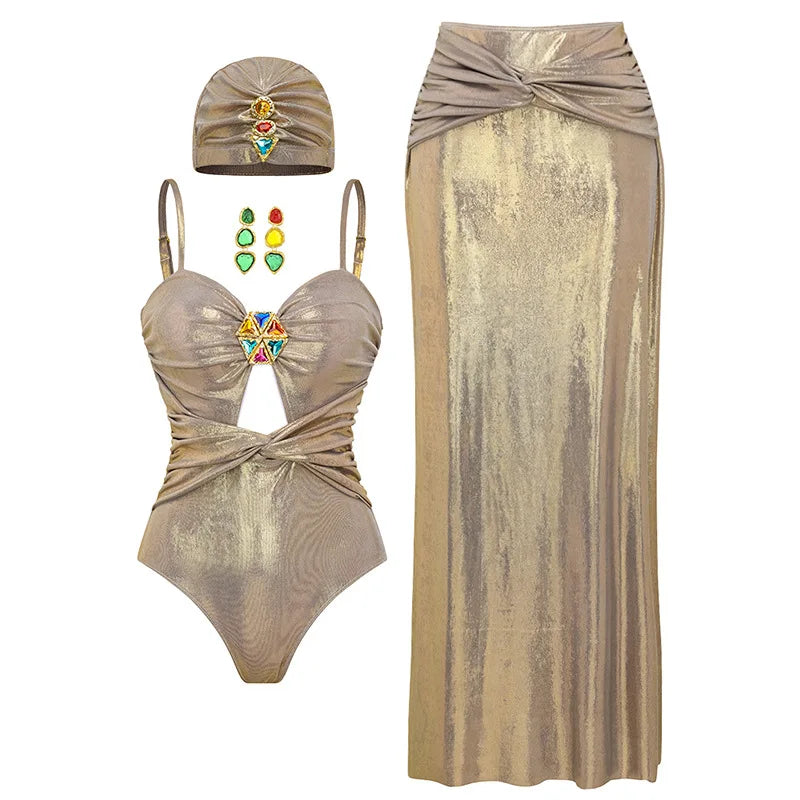 Metallic ruched one-piece swimsuit with matching maxi skirt set