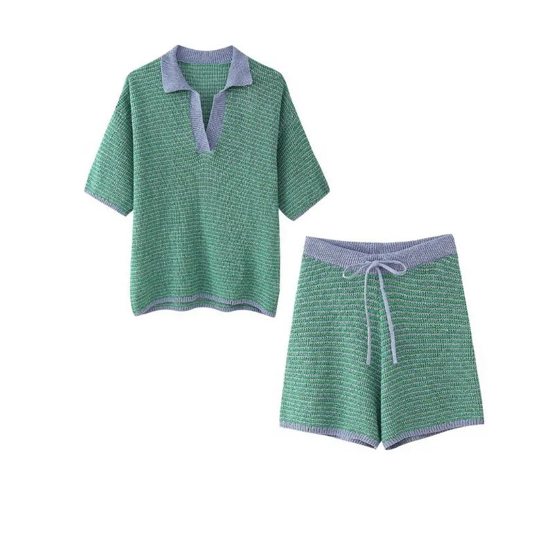 Green and blue striped knit top and shorts set laid flat