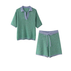 Green and blue striped knit top and shorts set laid flat