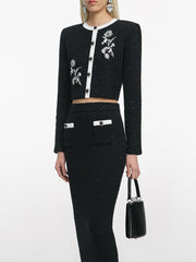 Floral applique black tweed two-piece set for women