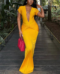 Short Sleeve Bodycon Low Cut Out Long Dress