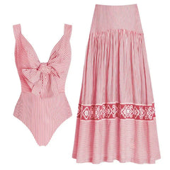 Ruffled Floral Print One-Piece Swimsuit and Maxi Skirt Set
