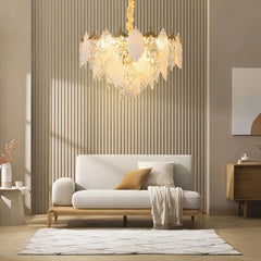 Modern blade chandelier with crystal accents and LED lighting, illuminating a stylish Living room. Golden Atelier 2