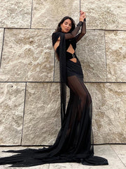 Off The Shoulder Mesh Folded Scarf Maxi Dress