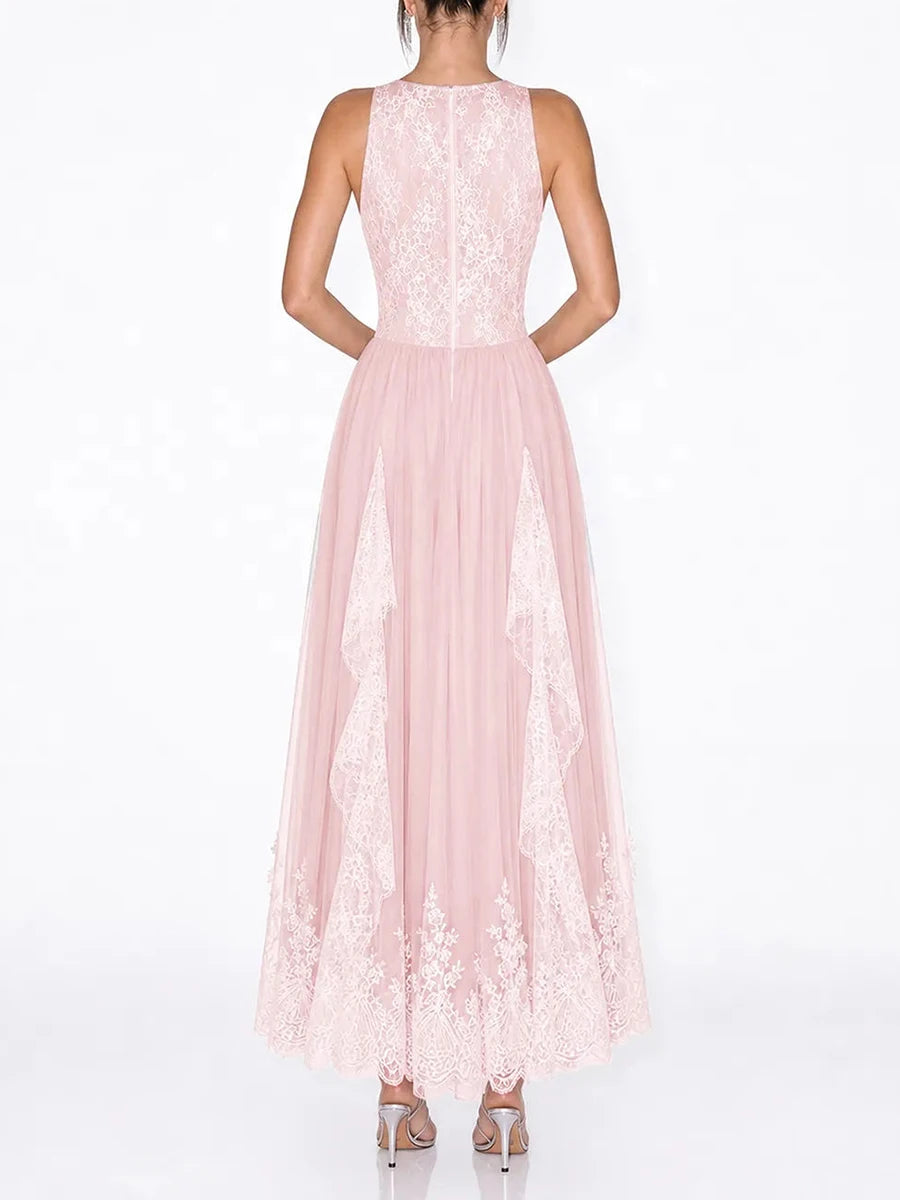 Pink lace v-neck sleeveless maxi dress back view