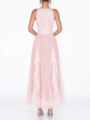 Pink lace v-neck sleeveless maxi dress back view
