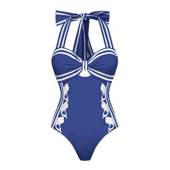 Striped Halter Bow Bikini Top and High-Waisted Shorts Set