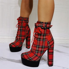 Angled view of plaid platform lace-up chunky heel boots