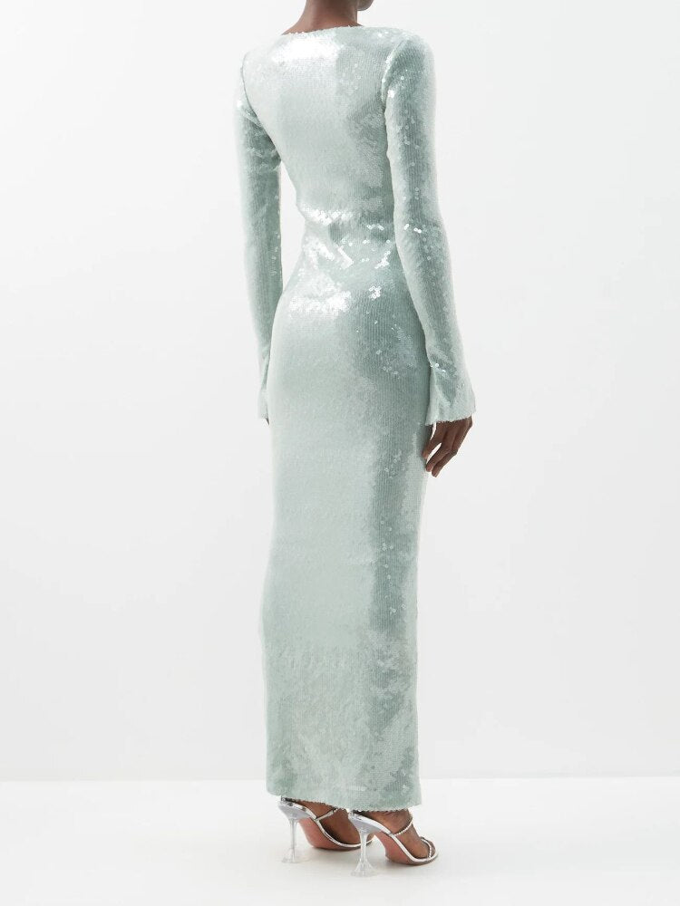 Sequins Split Flare Sleeve Ankle Length Dress