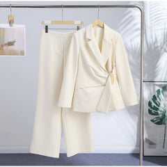 Ruched Waist Gold Buckle Blazer and Wide Leg Pants Set