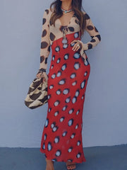 Printed Patchwork Tie Neck Long Sleeve Maxi Dress