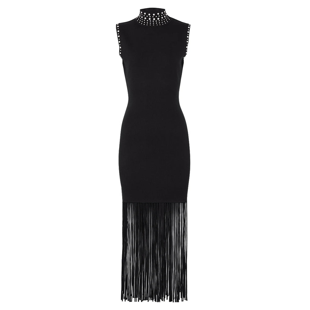 Black knitted midi dress with studded collar and fringe hem