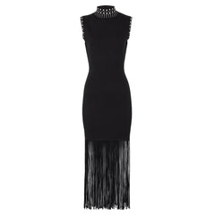 Black knitted midi dress with studded collar and fringe hem