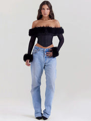 Feather Strapless Black Off-shoulder Sheer Long Sleeve Top