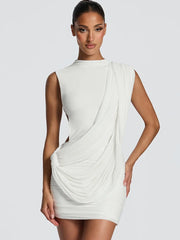 White draped mock neck mini dress
