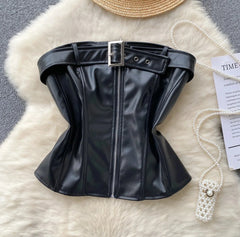 Women PU Leather Zipper Short Corset Top