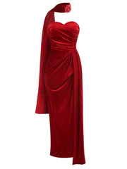 Velvet-inspired red maxi dress shown with floor-length movement