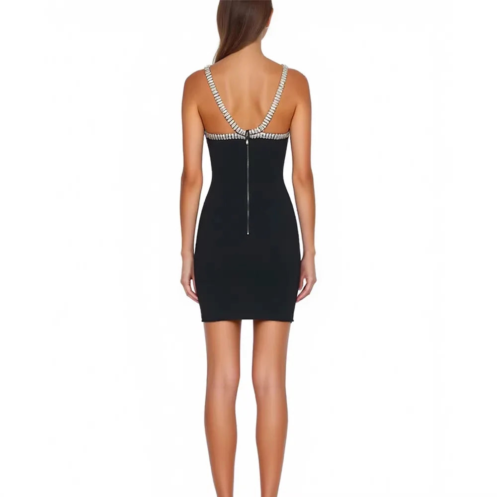 Rhinestone embellished halter neck mini dress back view
