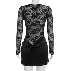 Sheer Lace V-Neck Long Sleeve Mini Dress