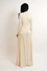 Long Sleeve Deep Neck Ruched Shimmering Slit Maxi Dress