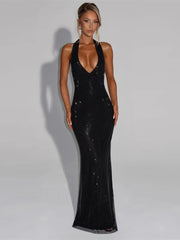 Deep V-Neck Sequin Fishtail Dress – Sleeveless Backless Beach Party Gown