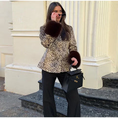 Leopard print fur trim jacket with sunglasses
