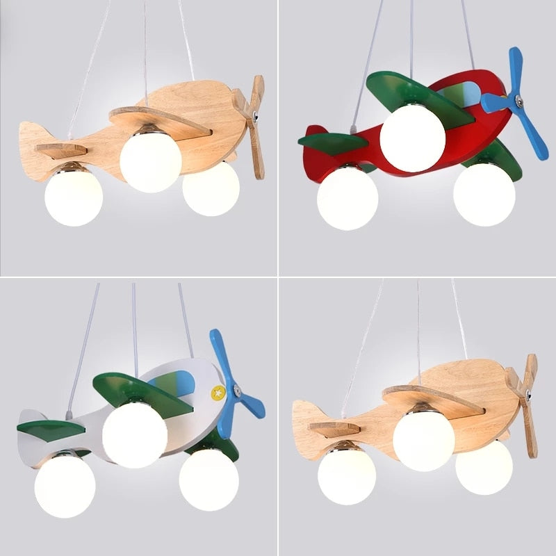 Wood Airplane Frosted Glass Chandelier For Children Kids
